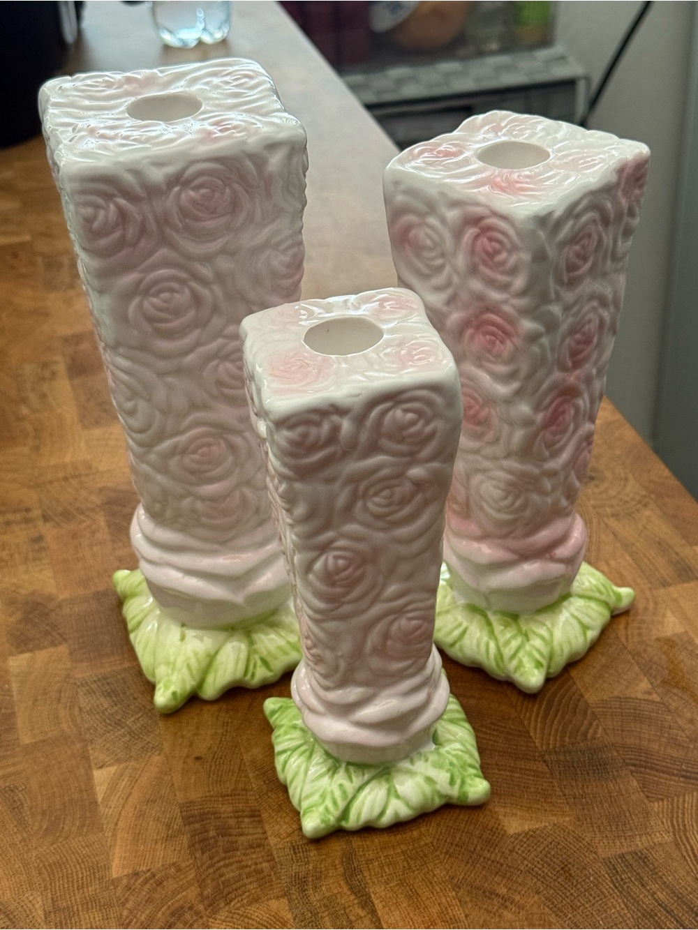 Vintage Macys 3 Pink Rose Floral Candle Holders White Leaf Green Base